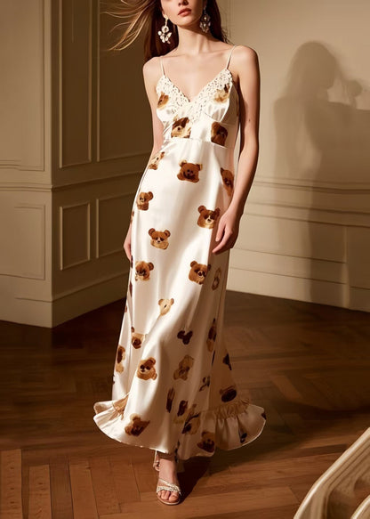 Litter Bear Print Draping Silk Spaghetti Strap Dress Summer