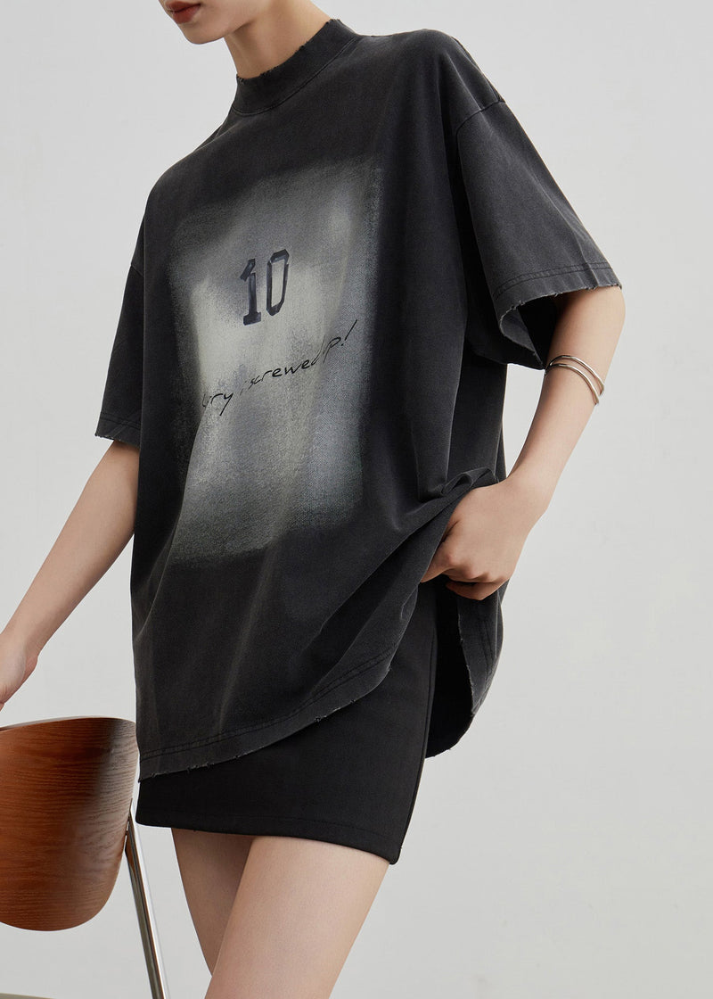Black O Neck Print Cotton T Shirt Summer