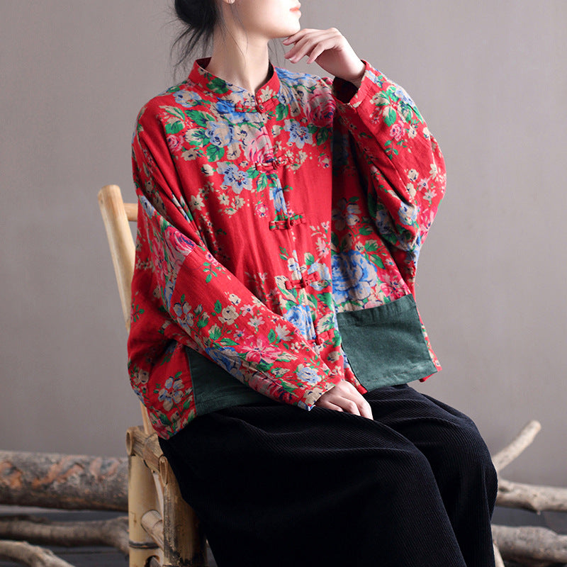 Blouse Stand Collar Large Flower Long-sleeved Jacket