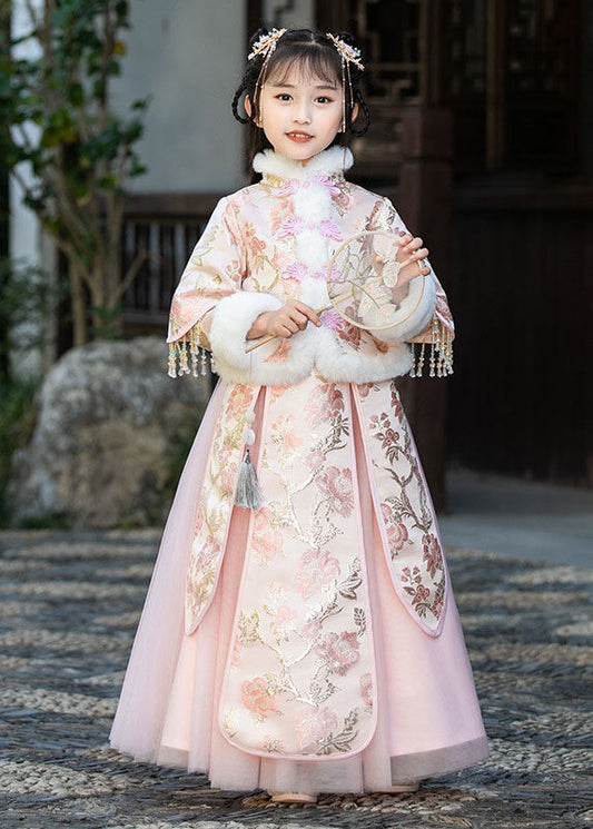 Stylish Champagne Fur Collar Embroideried Tassel Warm Fleece Coats and Tulle Skirts Two Pieces Set Winter