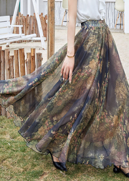 Navy Elastic Waist Print Exra Large Hem Chiffon a Line Skirt Summer