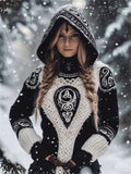 Viking Symbol Embroidered Tribal Celtic Contrast Hooded Sweater artswardrobe