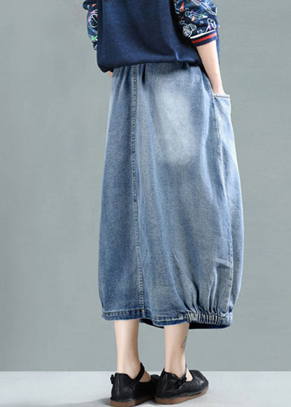 Light Blue Elastic Waist Pockets Cotton Denim Skirt Cozy