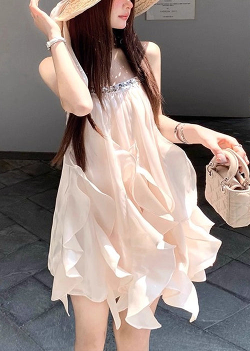 Apricot Sequins Silk Spaghetti Strap Dress Sleeveless