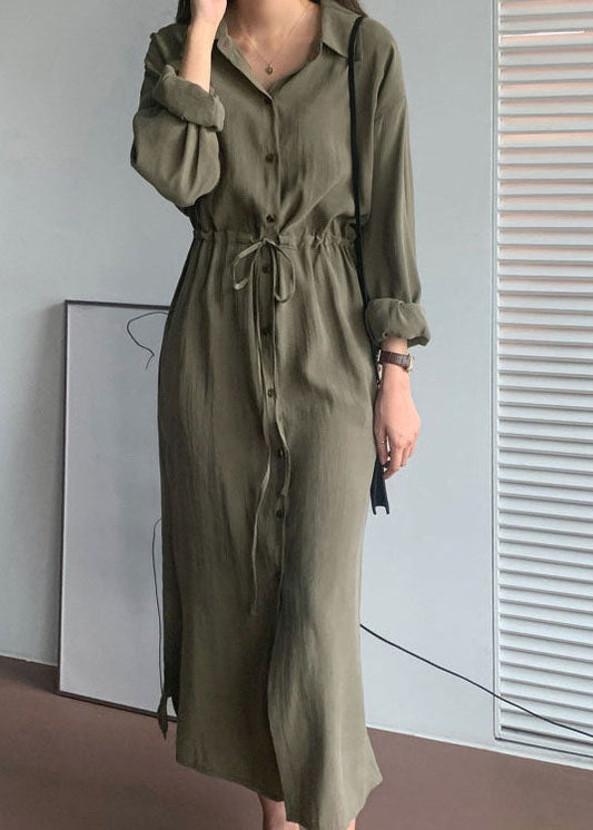 Loose Army Green Side Open Cinched Cotton Maxi Dresses Spring