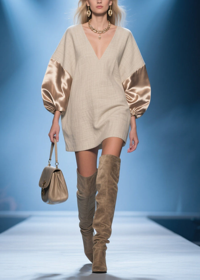 Champagne Color Silk Patchwork Oversized Linen Dress V Neck Spring