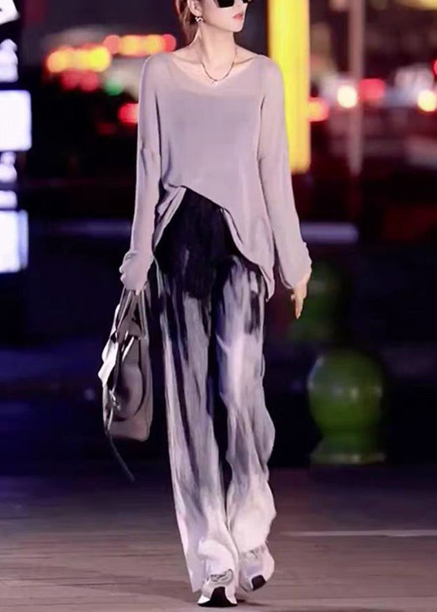 New Blue Asymmetrical Tops and Tie Dye Pants Ice Silk Two Pieces Set Spring