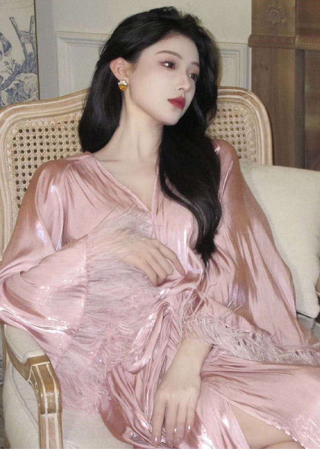 Pink V Neck Feather Patchwork Silk Dresses Long Sleeve