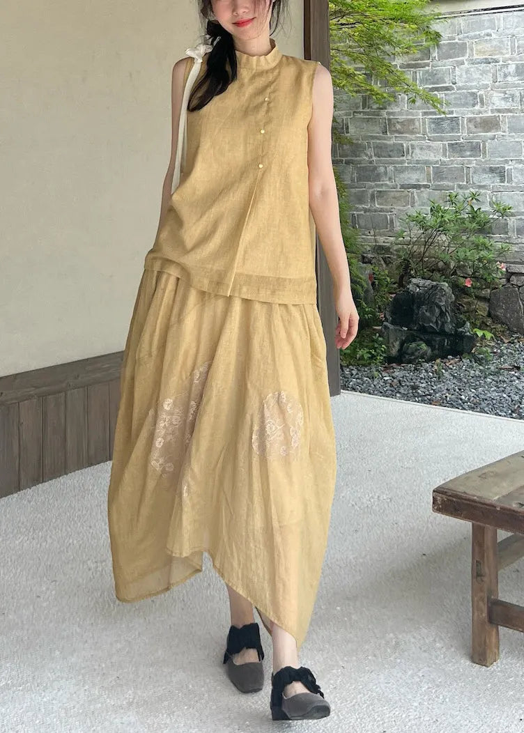 Yellow Lace Patchwork Tops and Skirts Cotton Two Pieces Set Summer