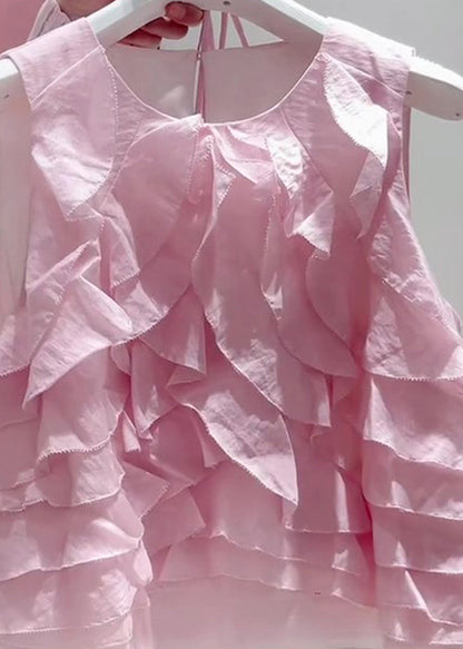 Art Pink Ruffled Lace Up Cotton Shirt Summer