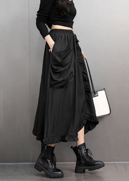 Stylish Black Ruffled Patchwork Pockets Elastic Waist a Line Skirts Spring