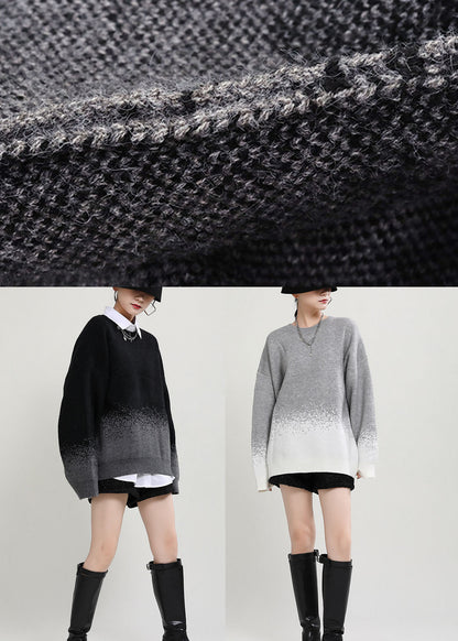 Simple Black O-neck Gradient Color Fall Knit Knitted Sweaters
