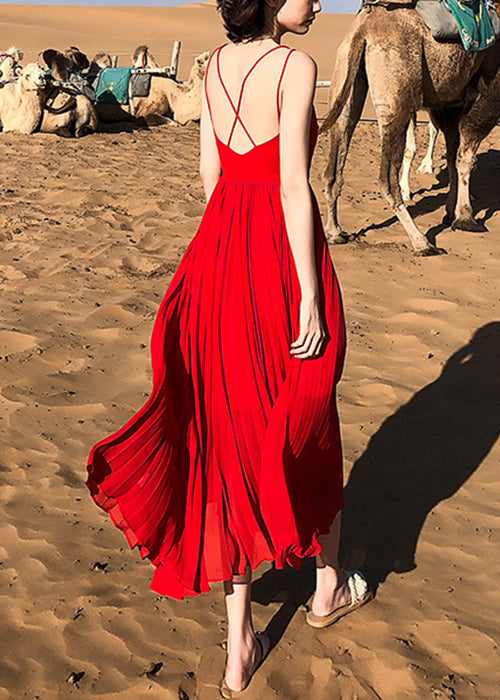 Red Wrinkled Chiffon Spaghetti Strap Dress V Neck Summer