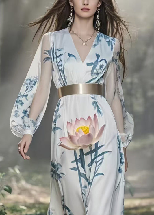 White Cinched Lotus Print Silk Holiday Dress Spring