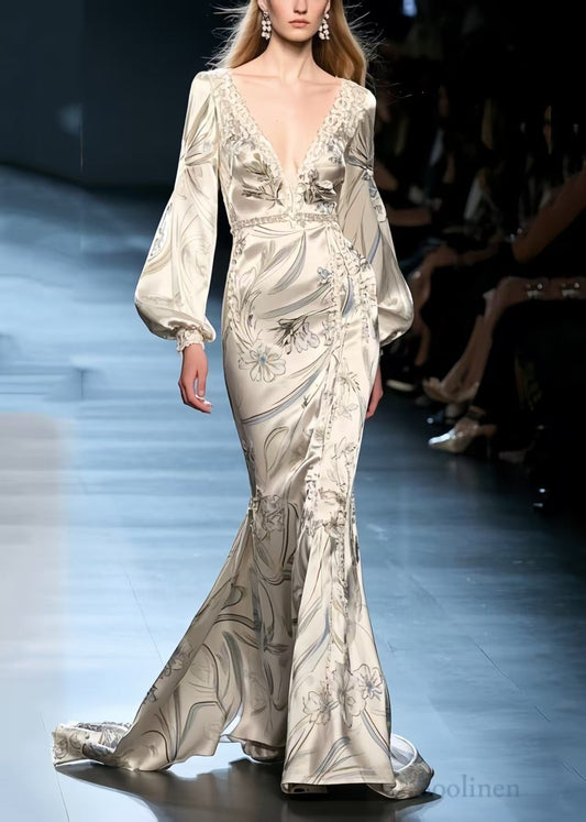 Silm Fit Beige Wraped Print Silk Fishtail Dress Lantern Sleeve