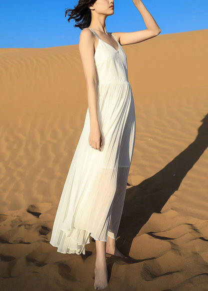 Italian White Backless Wrinkled Chiffon Spaghetti Strap Dress Sleeveless