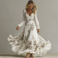 Women's Retro Rose Embroidered Art V-neck Long Sleeve Midi Dress elevenforest