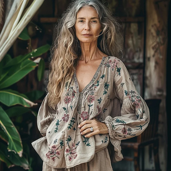 Bohemian Floral Linen Art Print Long Sleeve V-neck Shirt elevenforest