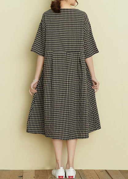 Classy V Neck Patchwork Linen Summer Clothes for Tutorials Black Plaid Dress
