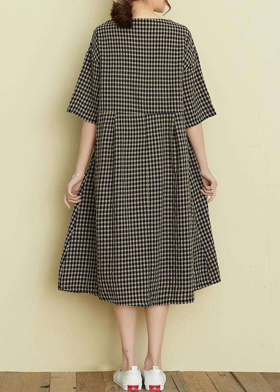 Classy V Neck Patchwork Linen Summer Clothes for Tutorials Black Plaid Dress