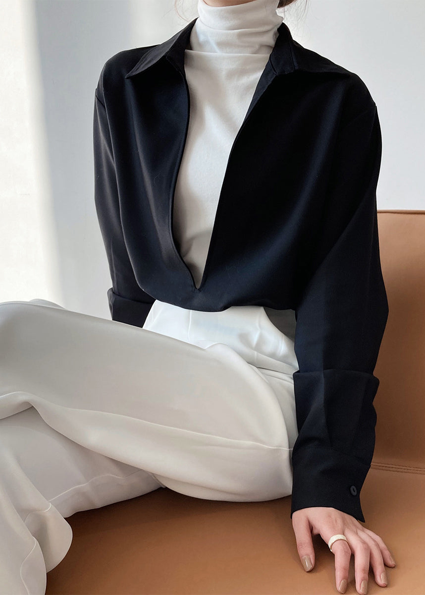 Simple White V Neck Cotton Shirts Top Long Sleeve