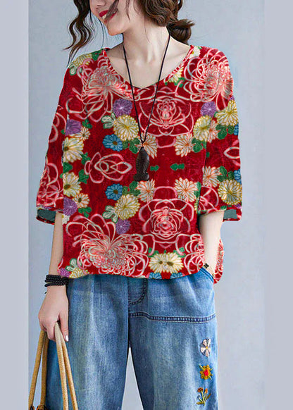Print V Neck Patchwork Loose Drawstring Fall Blouses Half Sleeve