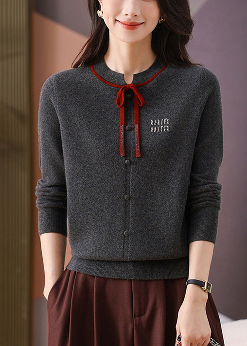 Dark Gray O Neck Lace Up Woolen Short Sweater Winter