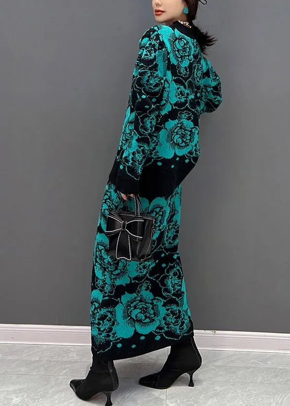 Green O-neck Print Top and Maxi Skirts Two Piece Set Fall