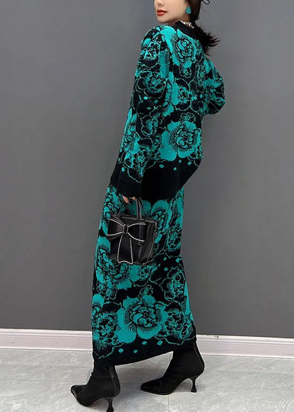 Green O-neck Print Top and Maxi Skirts Two Piece Set Fall