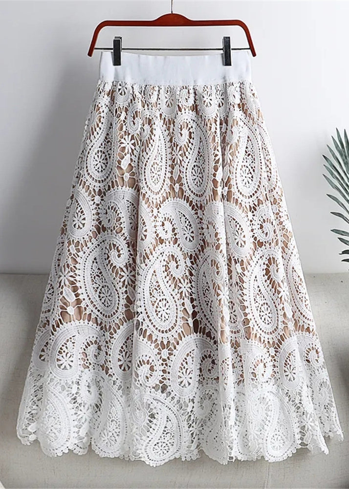 Beige Hollow Out Lace Skirts Summer