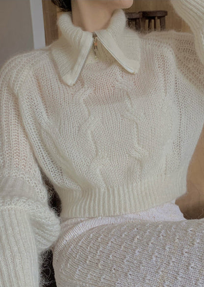 Unique White Zippered Hole Cotton Knit Top Fall