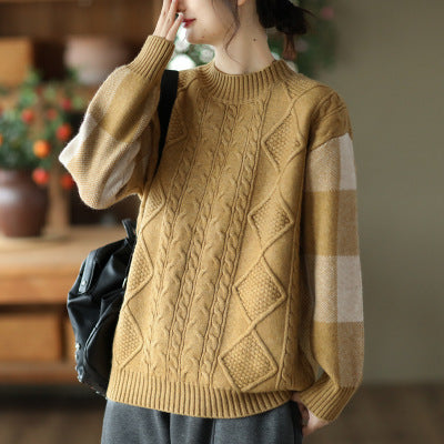 Retro Thick Jacquard Knit Color Block Three-dimensional Sweater