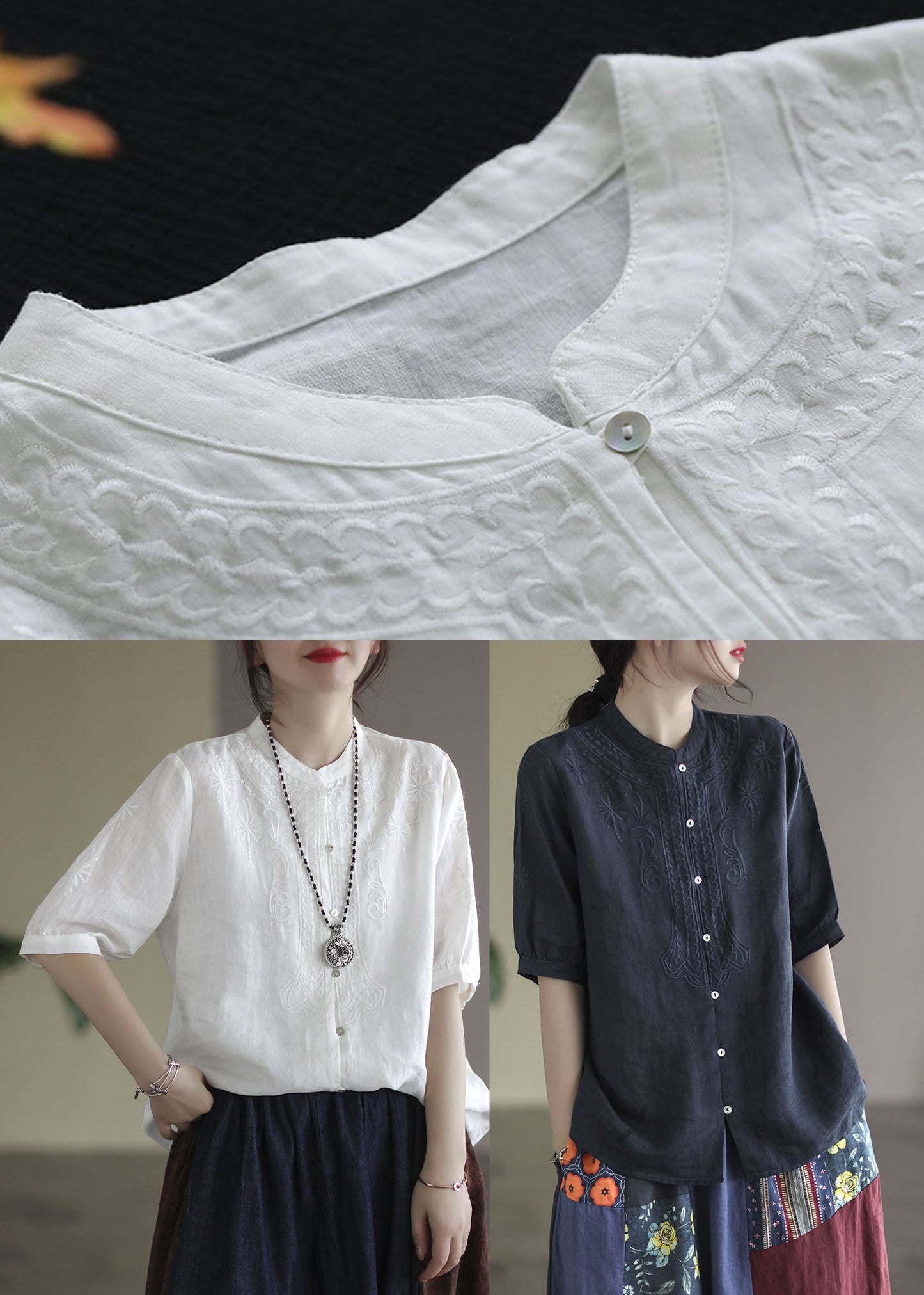 French White Button Embroidered Cotton Shirts Half Sleeve