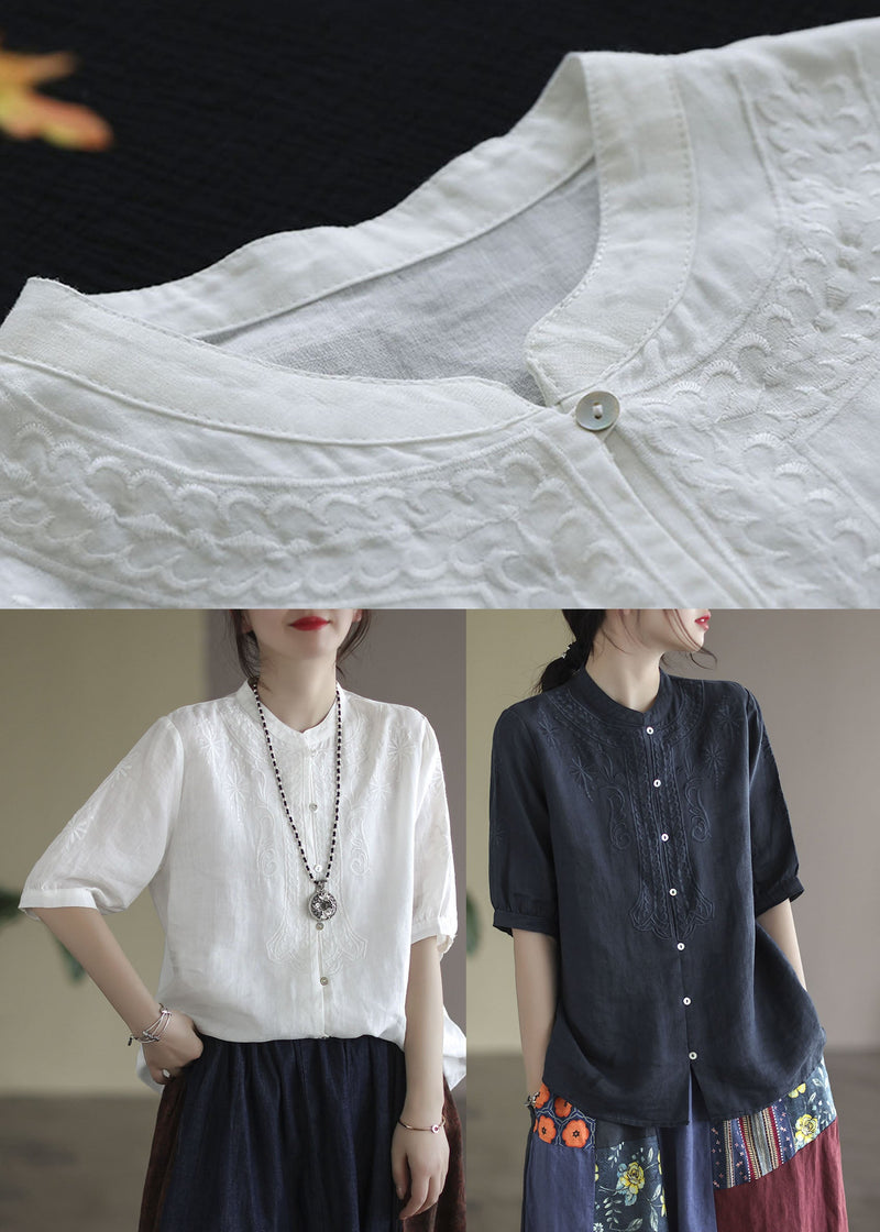 French White Button Embroidered Cotton Shirts Half Sleeve