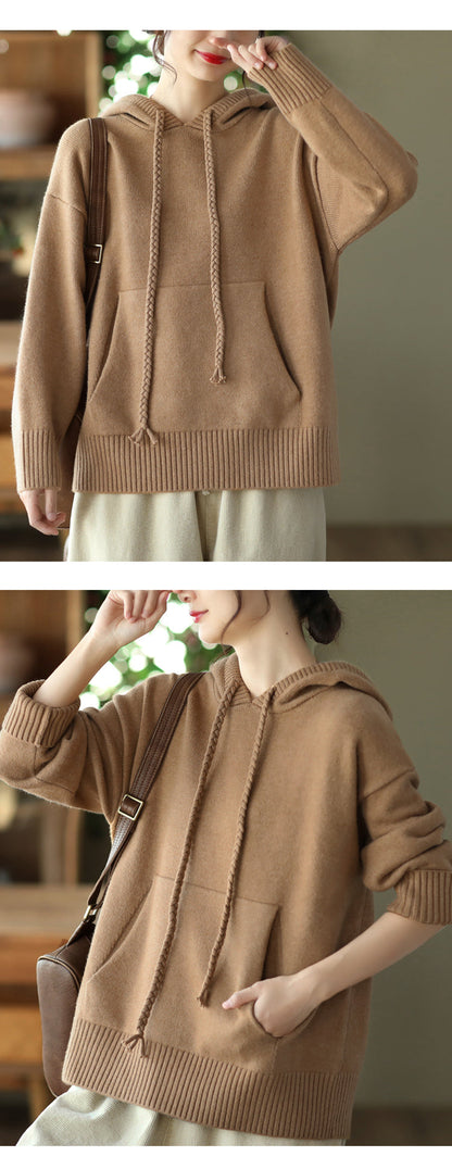 Thick Twist Drawstring Hooded Knit Sweater