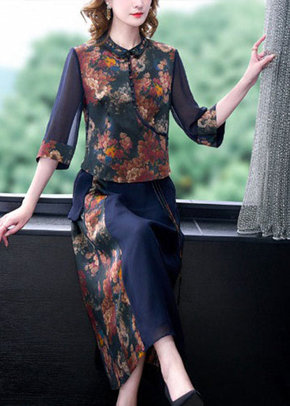 Blue Hollow Out Patchwork Print Silk Tops and Skirts Two Pieces Set Half Sleeve
