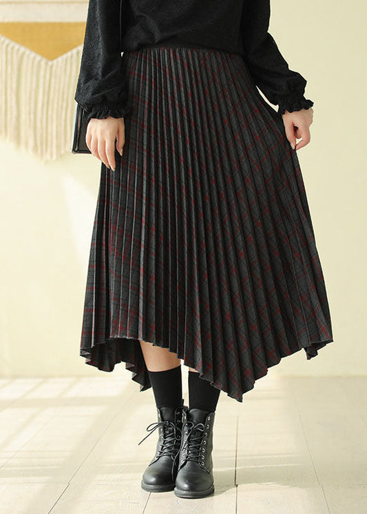 Chocolate Elastic Waist Asymmetrical Design Plaid Cotton Skirt Fall