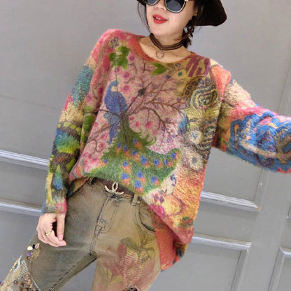Oversize Prints Corduroy Sweater Thick Warm Long Sleeve Knit Tops