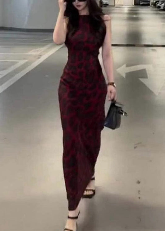 Slim Fit Leopard O Neck High Waist Cotton Dress Sleeveless