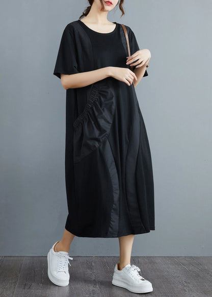 Black O-neck Big Pocket Patchwork Long Dress Short Sleeve
