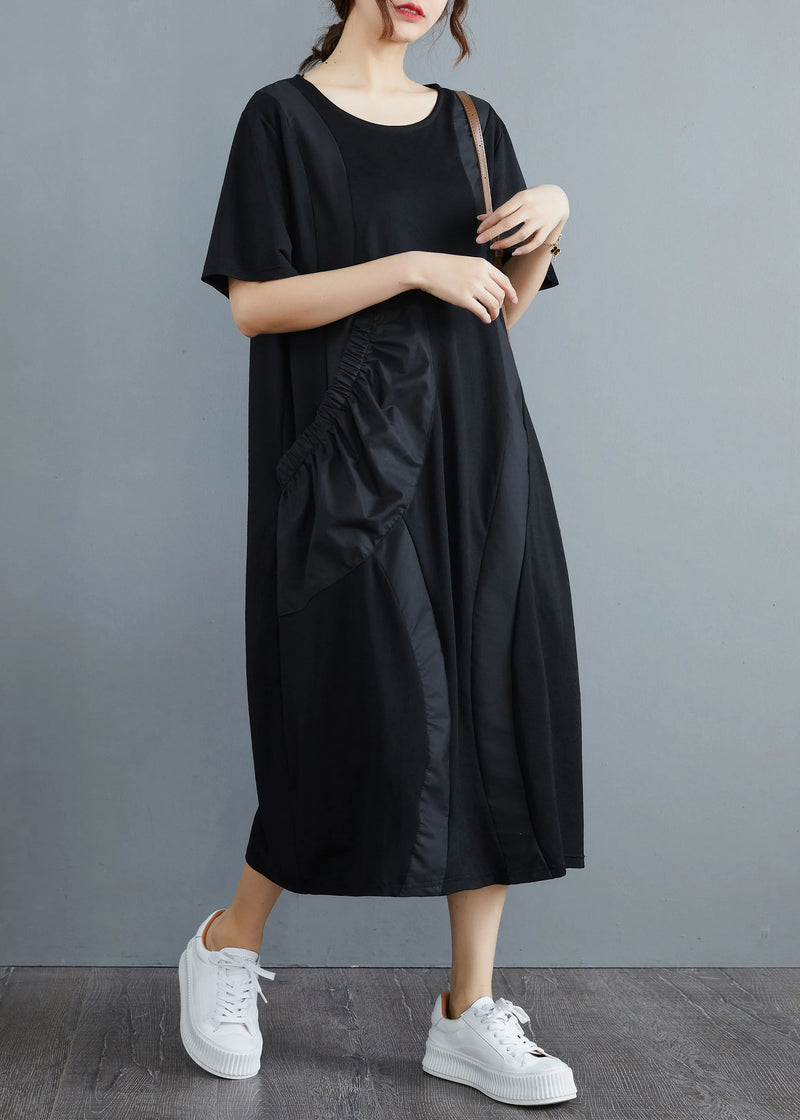 Black O-neck Big Pocket Patchwork Long Dress Short Sleeve