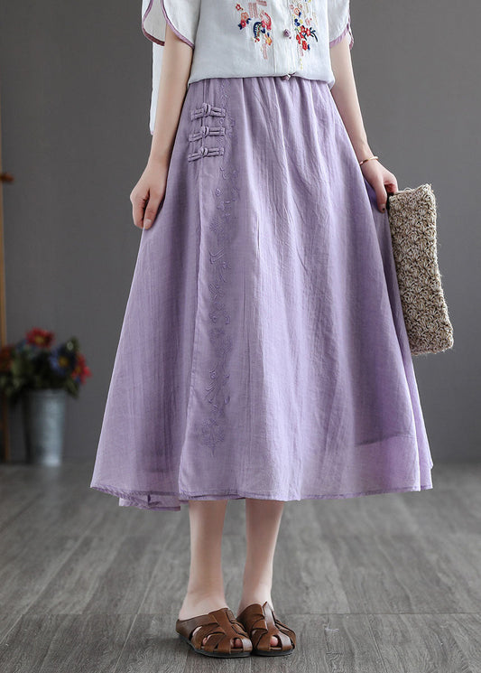 Purple Elastic Waist Embroideried Linen Skirt Spring