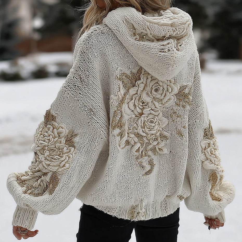 Comstylish Women's White Rose Classic Cable Hooded Sweater