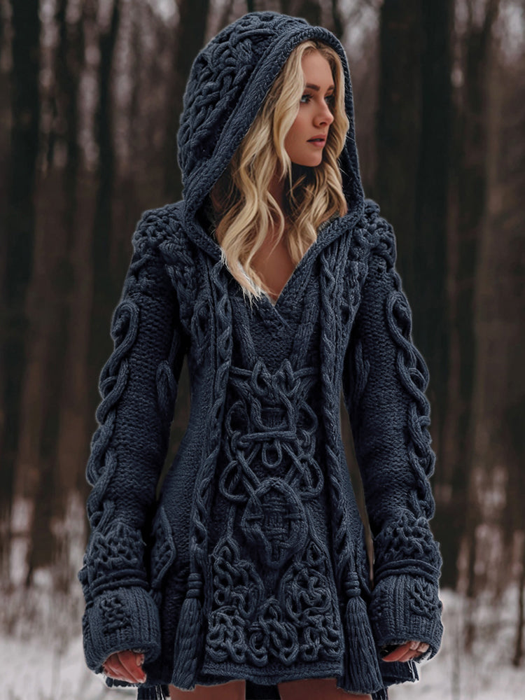 Women's Viking Celtic Knot Rune Knit Jacquard Warm Sweater Hooded Dress artswardrobe