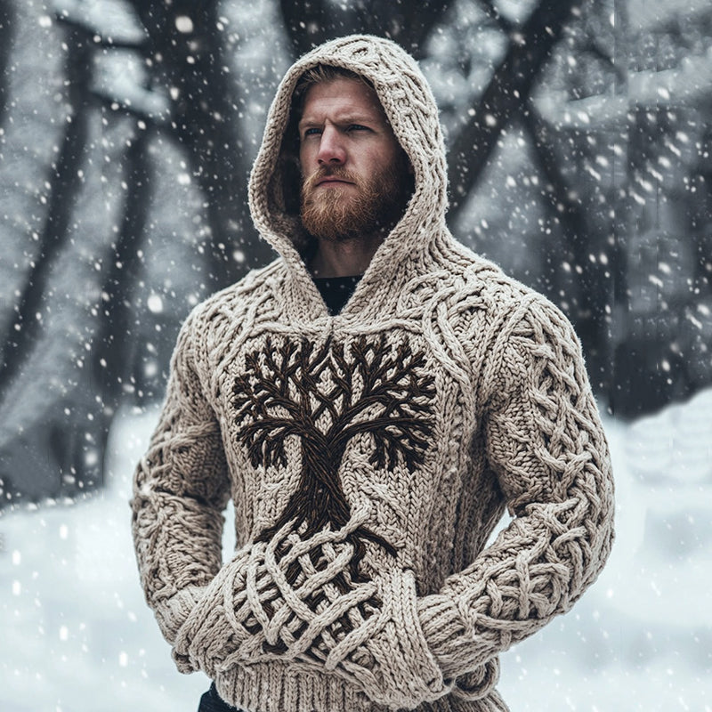 Tribal Viking Life Of Tree Chunky Knit Jacquard Hooded Sweater artswardrobe