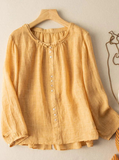 Pure Color Crew Neck Long Sleeve Linen Top