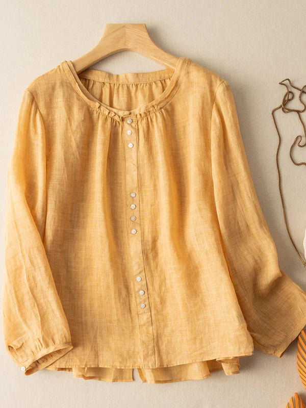 Pure Color Crew Neck Long Sleeve Linen Top