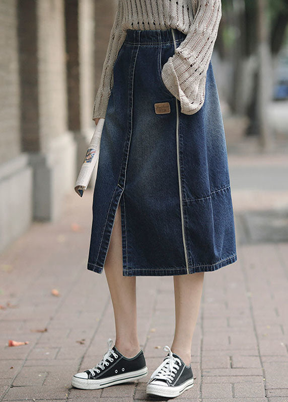 Denim Blue High Waist Pockets Patchwork Side Open Cotton Skirts Cozy