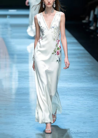 White V Neck Silk Straight Dress Sleeveless