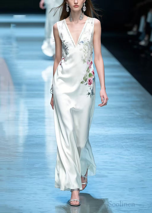 White V Neck Silk Straight Dress Sleeveless